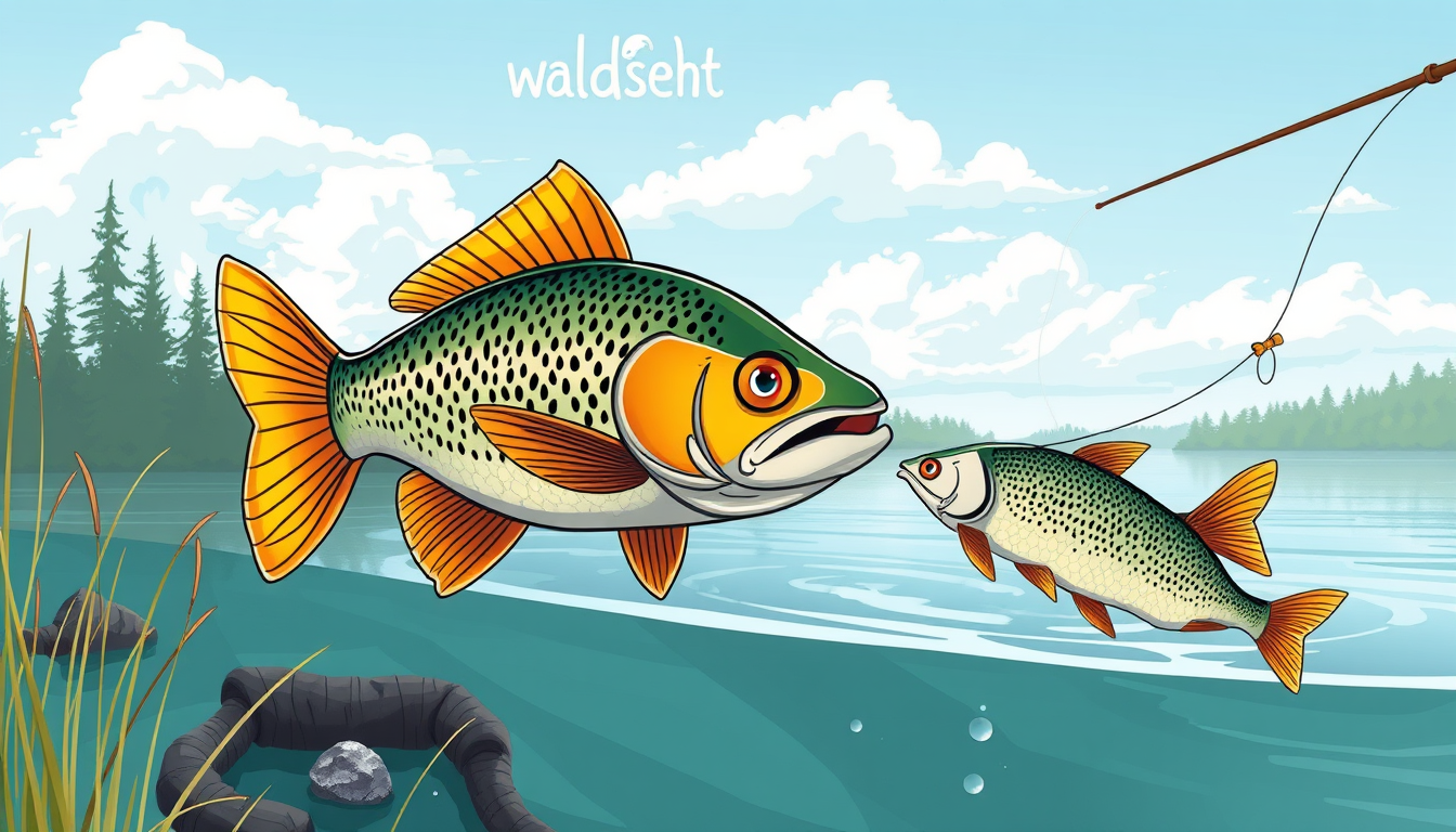 Main art studio: Mach mir ein Bild von einem Fisch der fischt. Er fischt an einem schönen Waldsee. Neben ihm hat er ein Eimer mit 3 gefischten Fischen, er ist gerade i