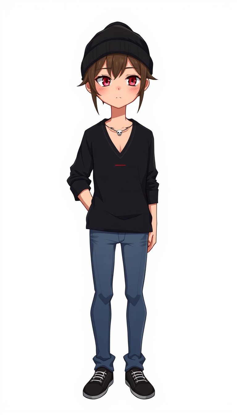 VTuber idea: vtuber avatar character, anime style, expressive face, streaming-ready design, male character, slightly feminine. dark brown hair, black shirt with a