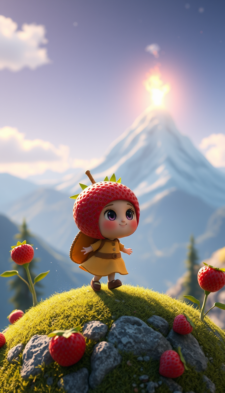 Main art studio: Une adorable petite fraise aventurière court paniquée sur une colline magique. Derrière elle, une énorme lumière mystérieuse explose au sommet de la m