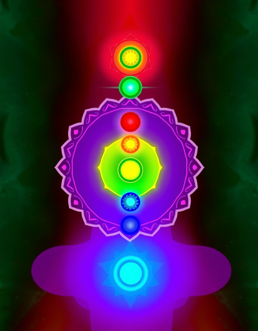 Main art studio: Generate an image of the 7 chakras, with colors going from (from the bottom to the top one) red, orange, yellow, green, light blue, dark blue and at t