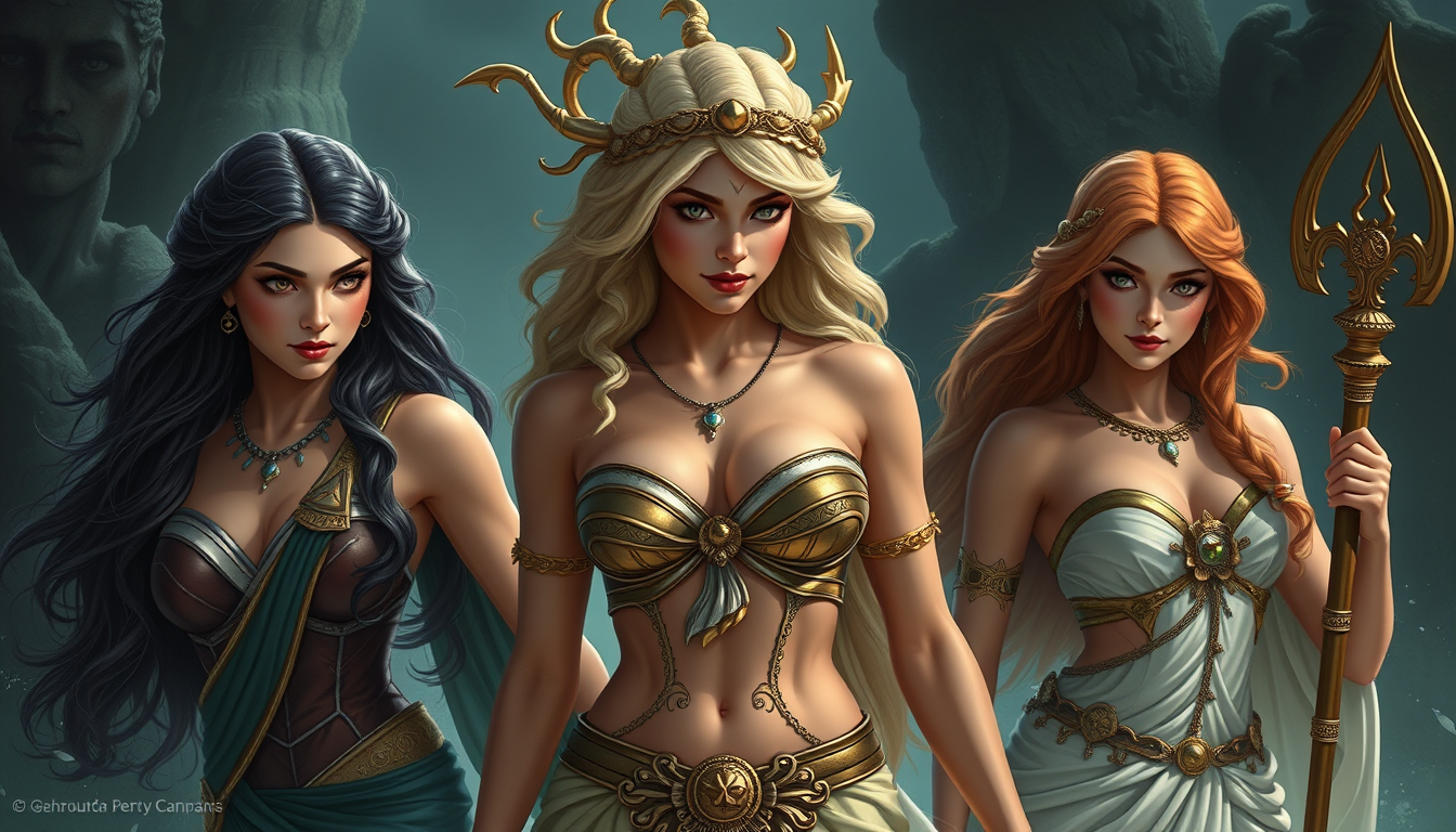 Main art studio: Create a stunning, detailed fantasy image of Aphrodite, Calypso, and Piper McLean from Percy Jackson and the Olympians but quite a lot hotter