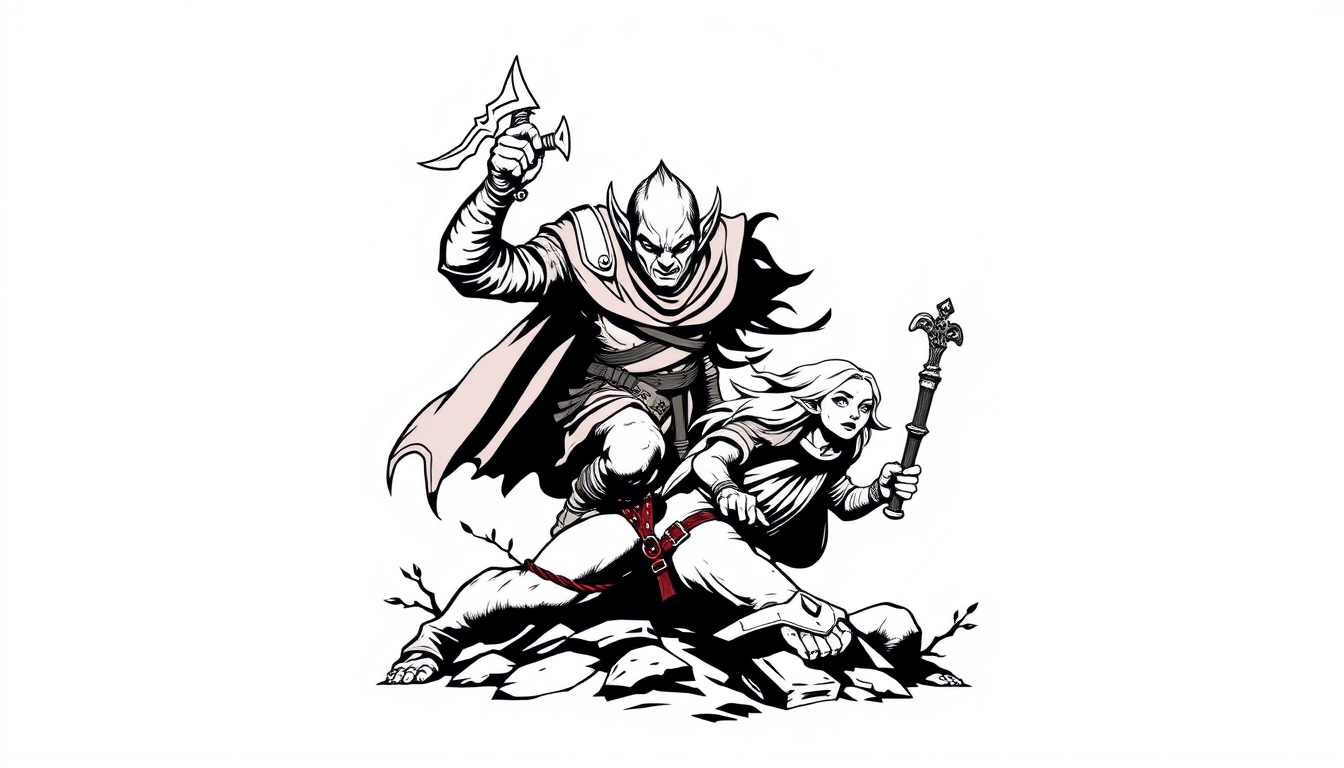 T Shirt Design idea created from the prompt: t-shirt graphic design, bold print-ready artwork, centered composition, Goblin slayer, slaying a goblin and rescuing the elf maiden. , high-