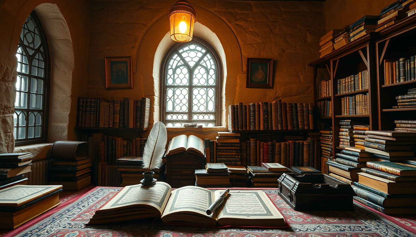 Main art studio: Ancient Islamic scholar's study room with authentic classical books, Quran, ink pot and feather pen arranged neatly under warm lantern light, document
