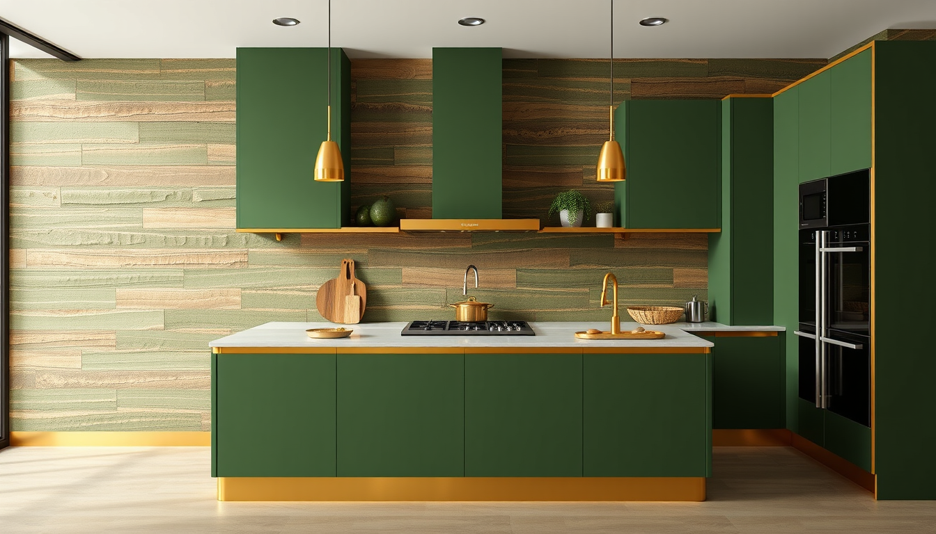 Main art studio: green kitchen with gold trim. Wall is rammed earth with green gold and browns in the background, wall is striated layers but are continuous through th