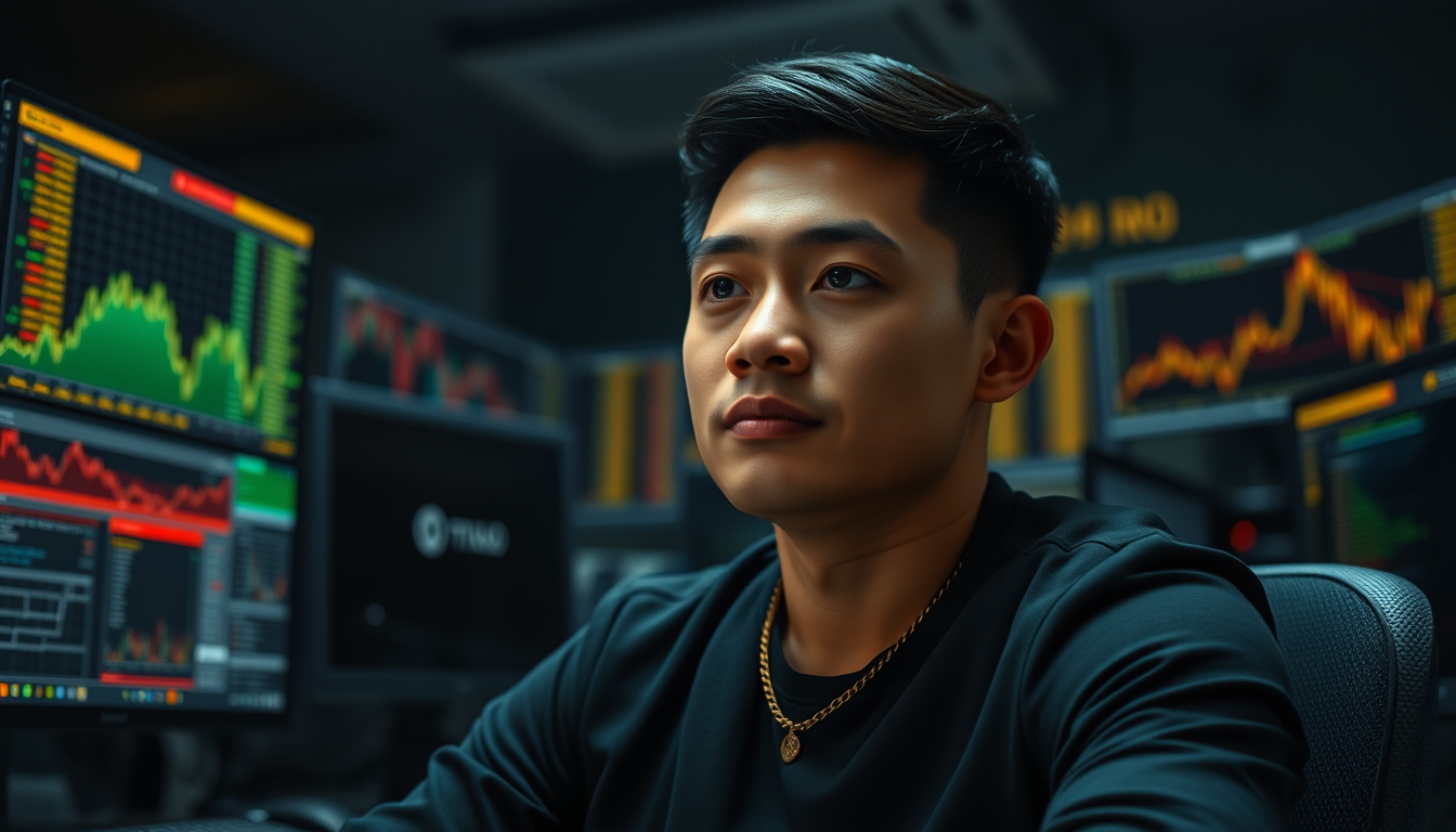 AI Art prompt example created from the prompt: A 26-year-old Filipino male professional gold trader, short black hair, clean modern appearance, wearing a black fitted shirt and a subtle g