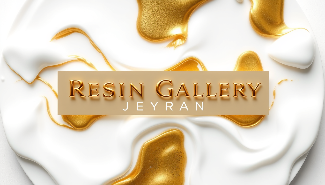 Main art studio: Create a luxury profile logo for a resin art channel. Write the name exactly: "Resin Gallery Jeyran". Elegant white and antique gold colors, glossy re