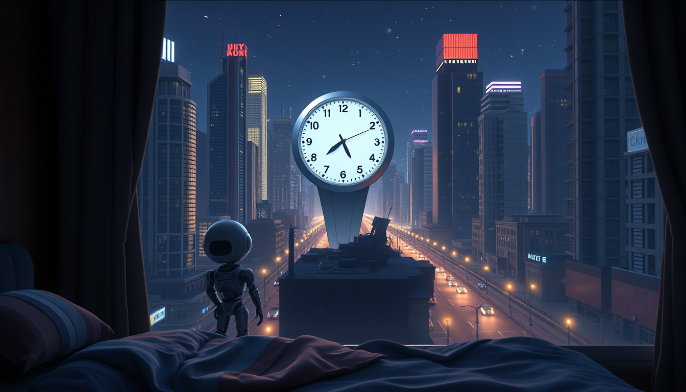 Main art studio: Nighttime in a beautiful futuristic city. Max, the cute small robot boy, stands inside his bedroom looking through the window. The city is quiet and e
