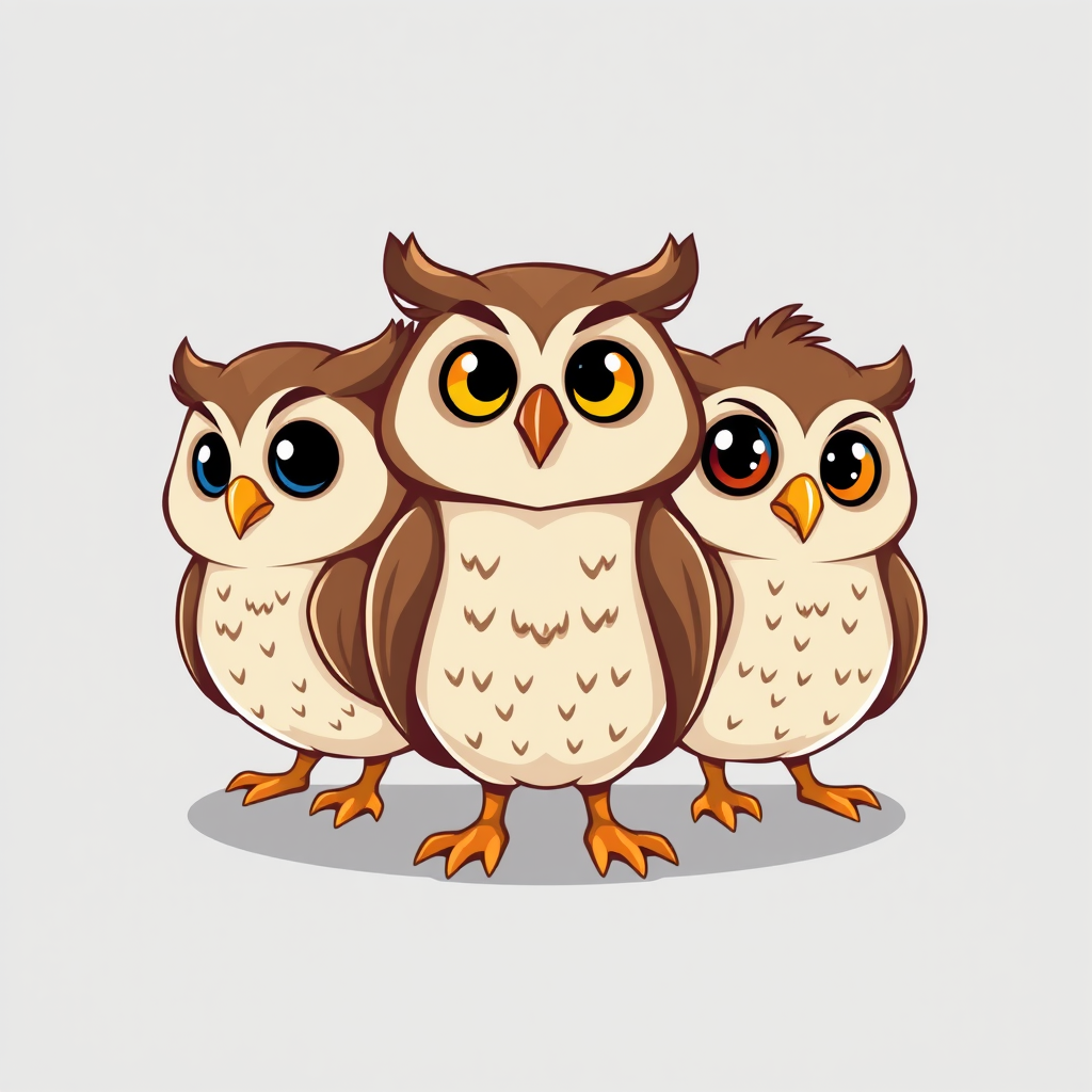 Main art studio: Create a charming 2D mascot logo for a modern university study app featuring exactly three cute owl characters. They should feel like a fun, memorable