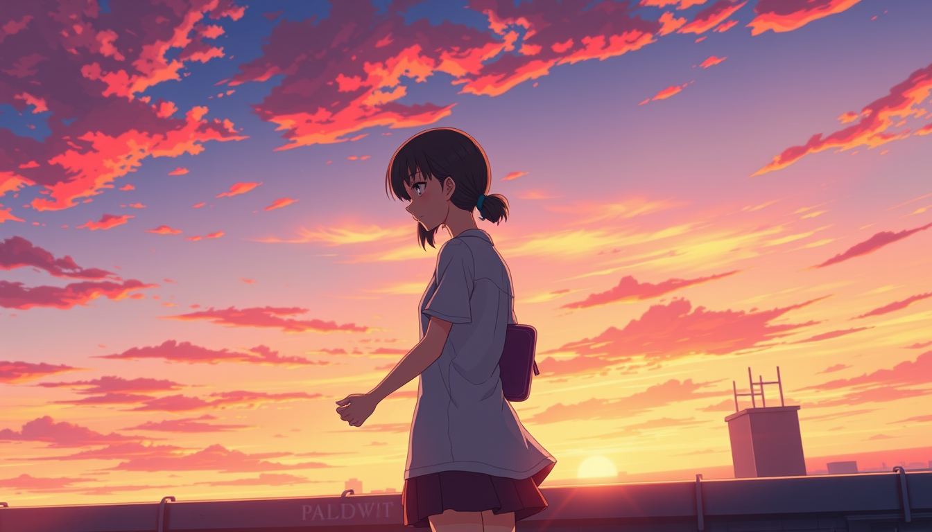 Anime idea created from the prompt: anime style, vibrant colors, expressive eyes, The same young man and woman standing together on a rooftop watching the sunrise, holding hand