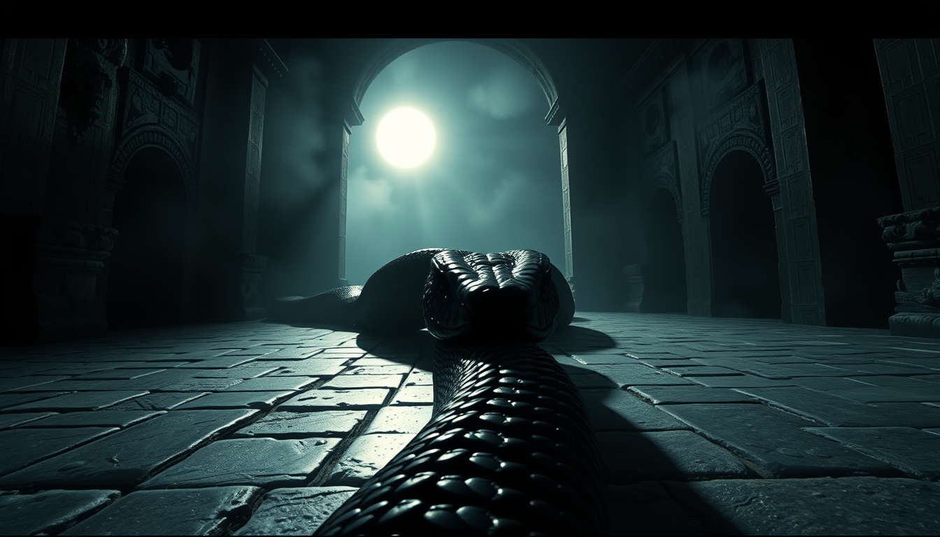 Main art studio: First-person perspective inside a mysterious dream, a huge realistic black cobra slowly moving toward the camera across an ancient stone floor, dim mo