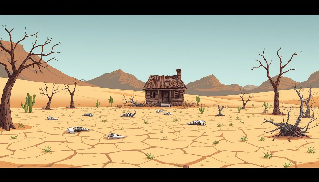 Main art studio: Wide 16:9 2D cartoon desert landscape for a school presentation. In the CENTER: cracked dry soil, scattered animal bones, dead leafless trees, withere