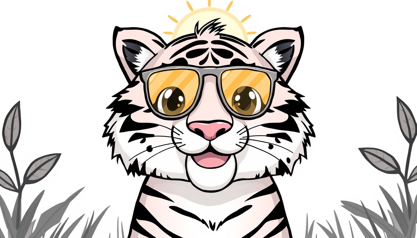 Main art studio: fröhlicher tiger mit Sonnenbrille. Malbuchstil: Nur die Linien = Schwarz und weiß,es ist zum ausmalen. cartoonlike.