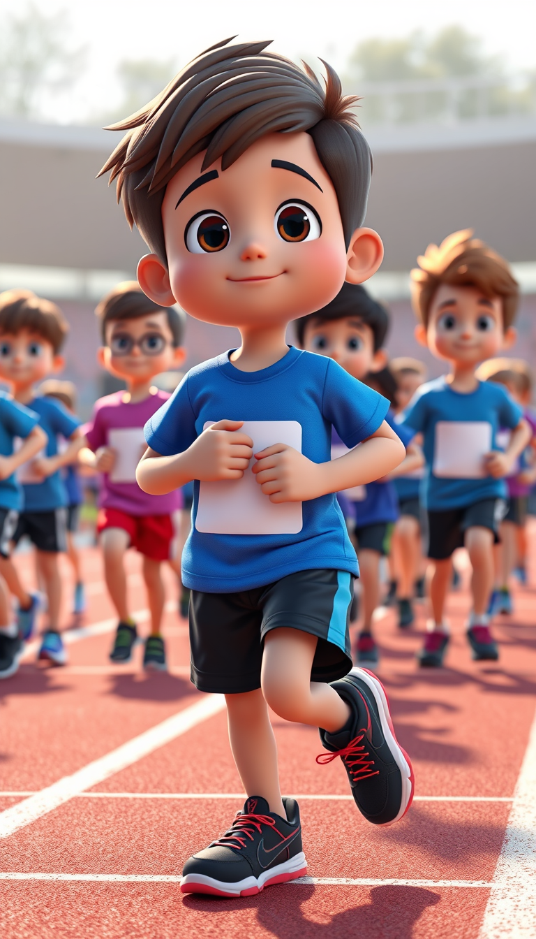 Main art studio: Same boy, wearing a bright blue T-shirt, black shorts and black running shoes with red details. He is at the starting line of a big school race, ready