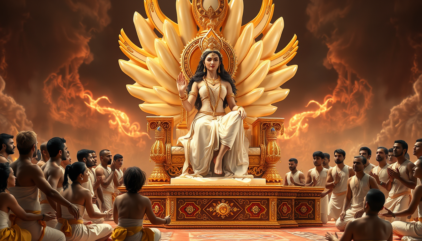 Main art studio: She is sitting majestically on an enormous, exquisitely crafted celestial throne made of polished ivory, gold and luminous gemstones. She is barefoot,