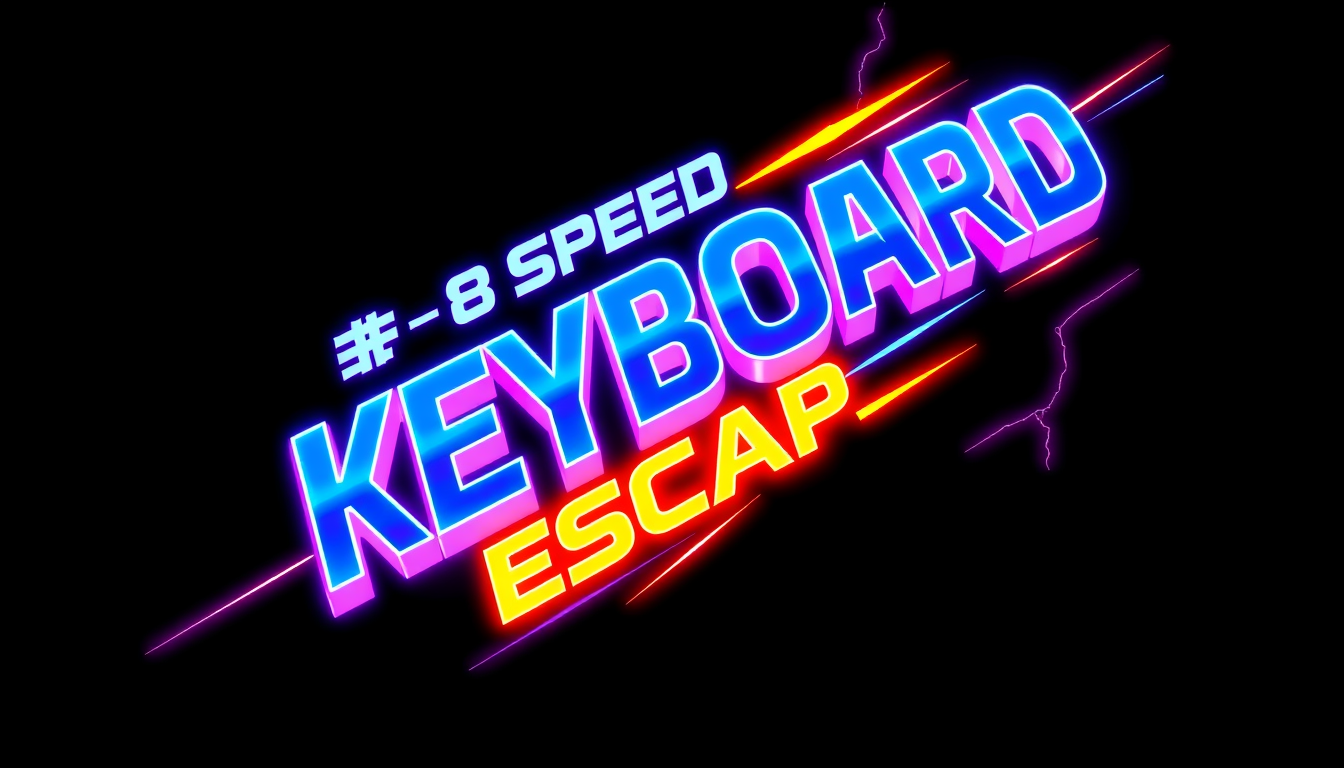 Main art studio: Create an insanely cool gaming logo for “+1 SPEED KEYBOARD ESCAPE”. Bold 3D typography, electric blue and purple neon, glowing keyboard keys, speed tr