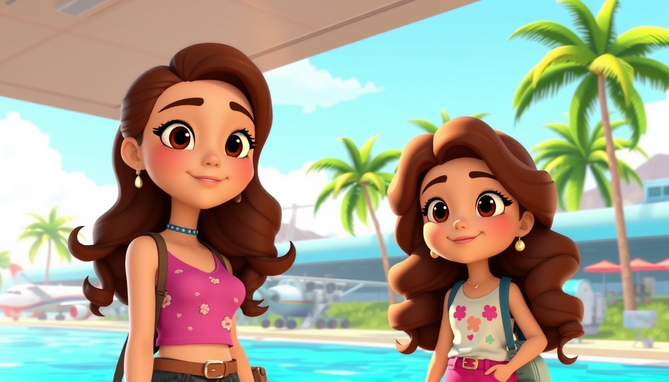 Main art studio: Scene 1: Chloe arrives in Hawaii. Cute 3D cartoon character, fair mixed complexion, long brunette curly-wavy hair, stylish outfit, confident personali