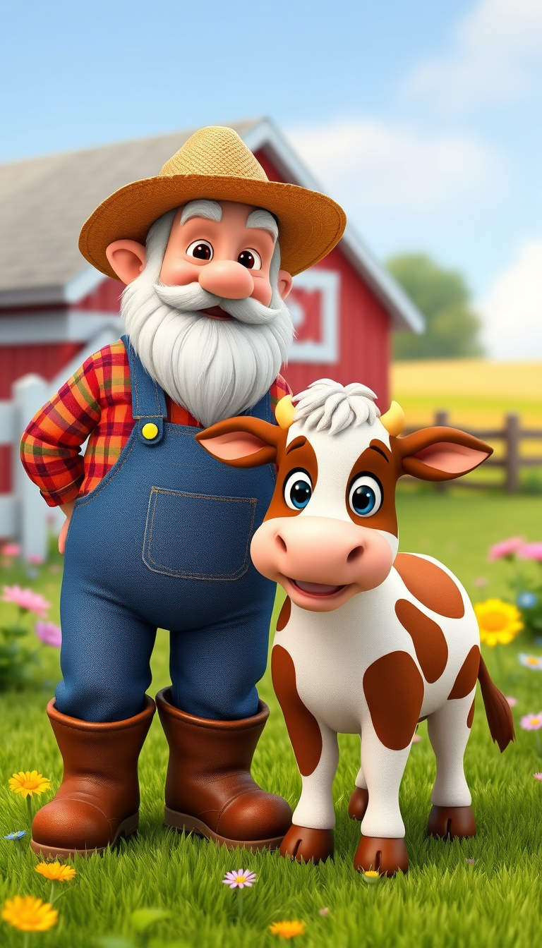 Main art studio: Same friendly elderly farmer Old MacDonald wearing blue overalls, red plaid shirt, brown boots and straw hat, standing beside the same adorable fluffy