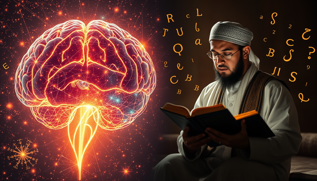 Main art studio: A conceptual digital art piece blending neuroscience, global diversity, and spiritual dedication. On one side, a glowing, magnificent visualization of