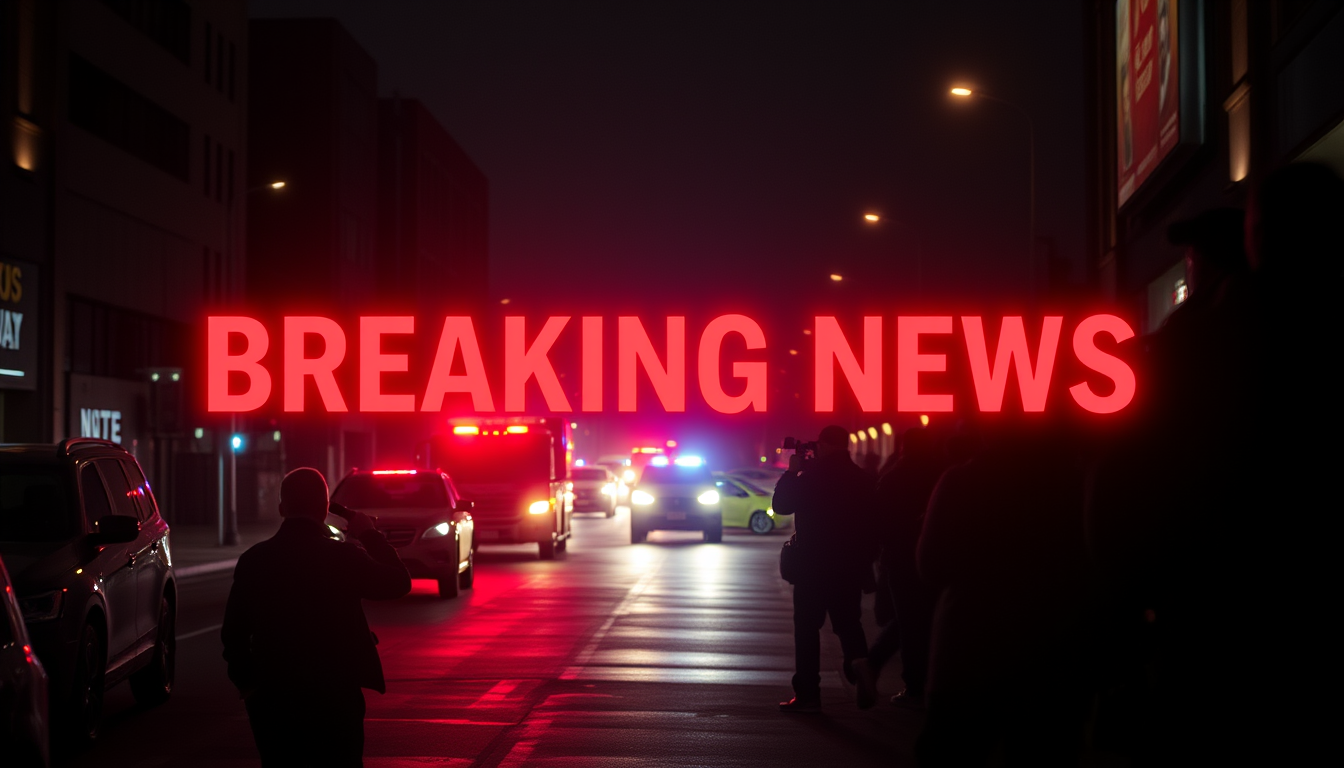 Main art studio: A dramatic breaking-news scene with a glowing red “BREAKING NEWS” style graphic, emergency vehicles in the distance, flashing lights, journalists and 