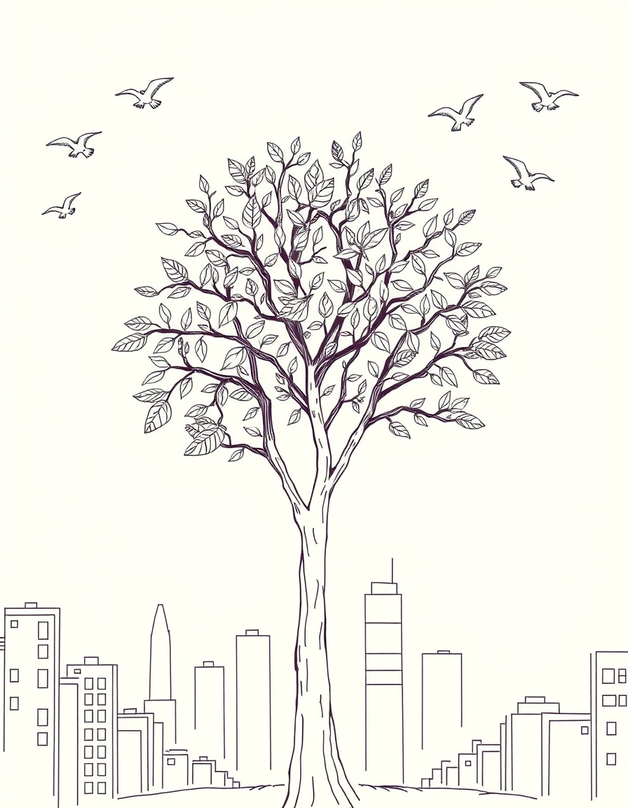 AI Art prompt example created from the prompt: Outline drawing of a tree with leaves in the middle of page, city background, birds in skies, mood is calm, relaxed, and has a sense of belo