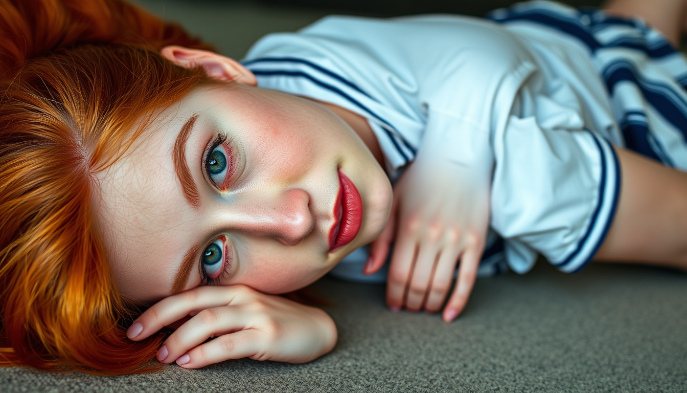 Main art studio: Teen redhead laying on stomach school dressed and photo taken close to her feet her face not clear and her doles are pink skin from walking