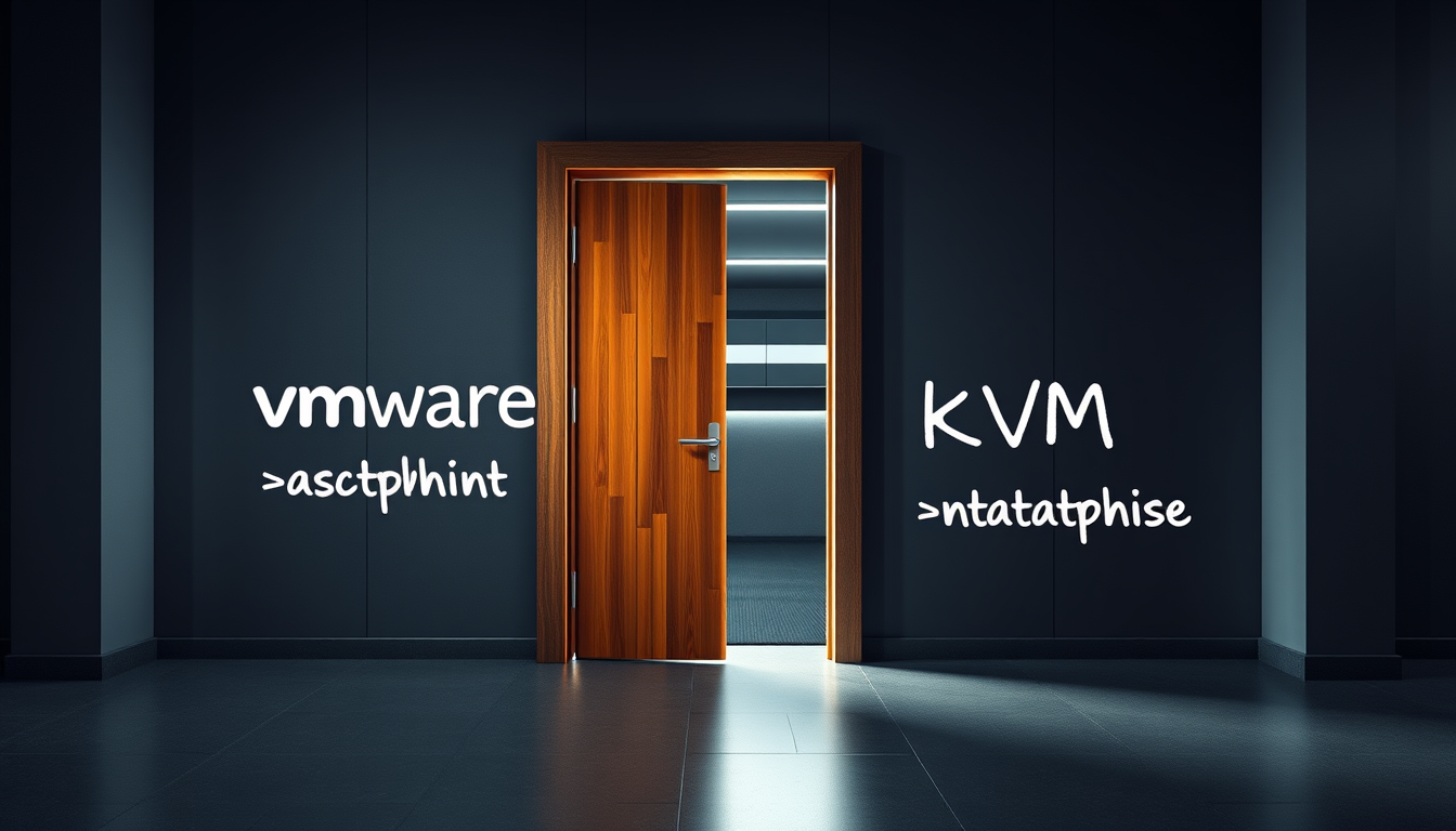 Main art studio: Bitte ein Bild, das die Migration von VMware nach KVM im Rechenzentrum symbolisiert, z. B. über eine offen Tür o. ä. vmware als Ausgangspunkt und KVM