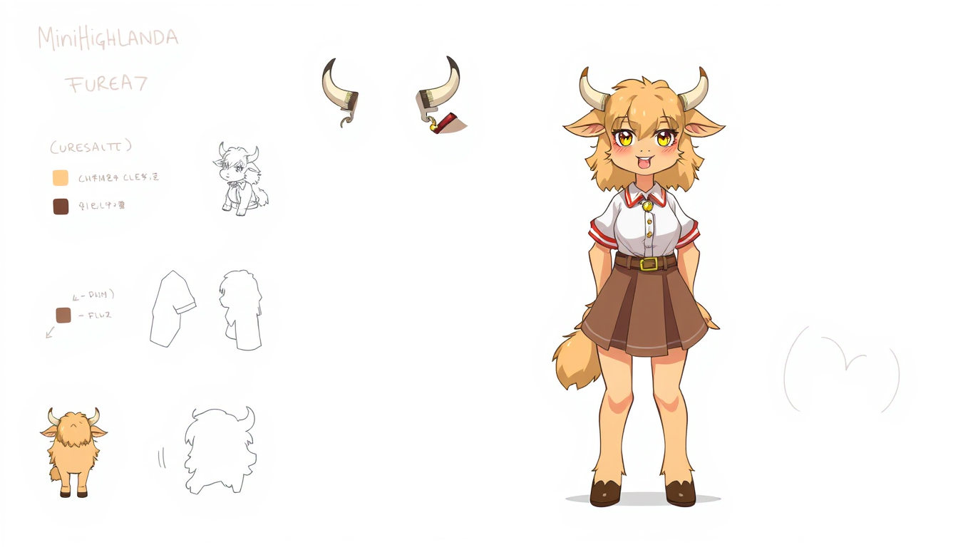 Fursona idea created from the prompt: fursona character, anthropomorphic animal design, expressive personality, reference sheet style, Mini Highland cow, anthropomorph, light bro