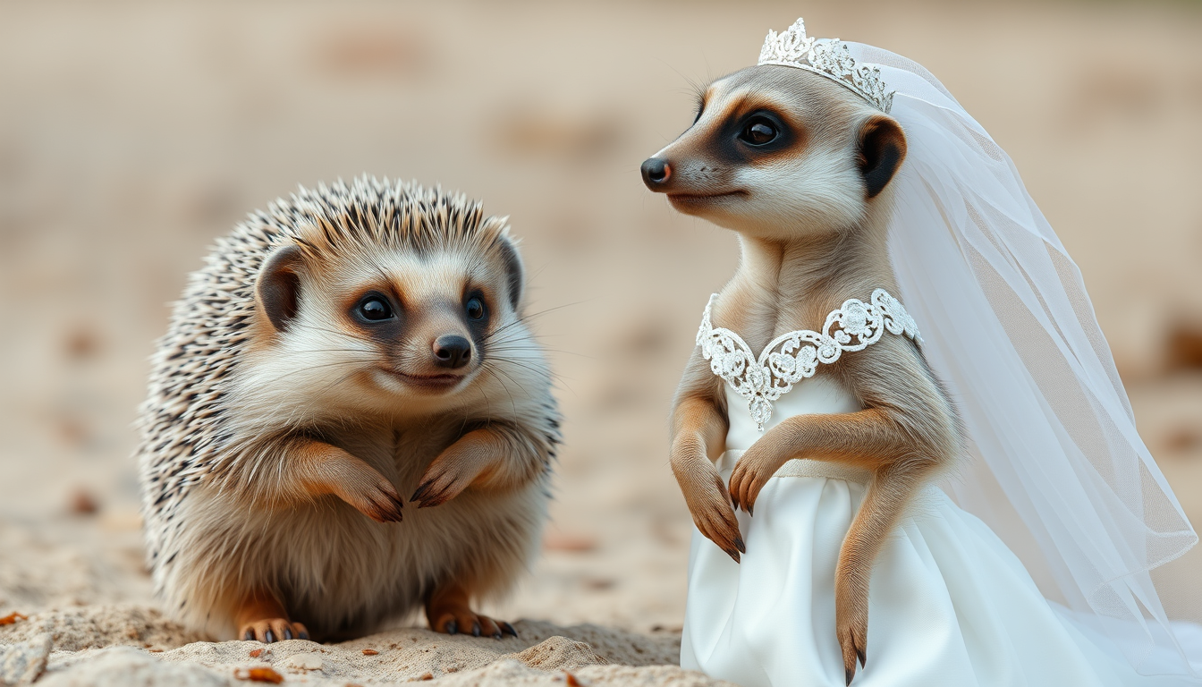 Main art studio: A wedding picture featuring a male hedgehog and a female meerkat. full view, standing, smile. female meerkat with white wedding dress.