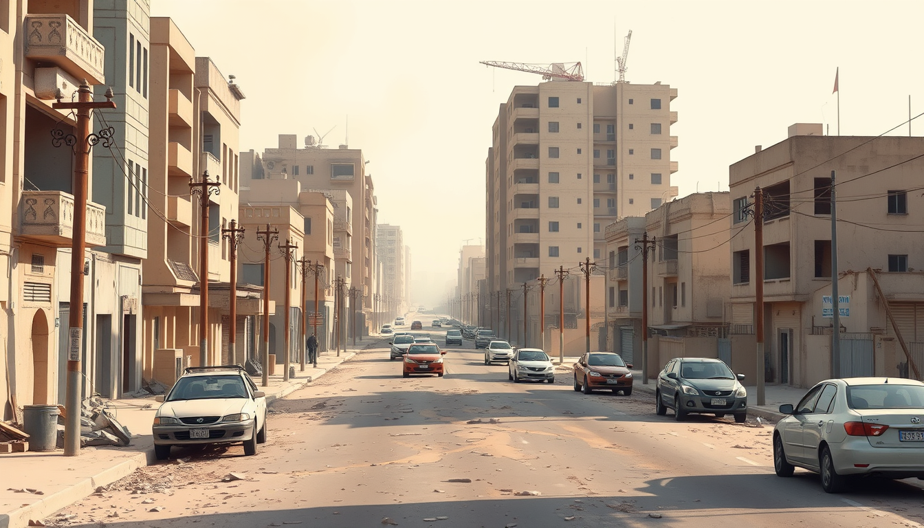 Main art studio: Flat vector illustration of an Iraqi city street after conflict, damaged concrete buildings, broken roads, abandoned civilian cars, utility poles, dus