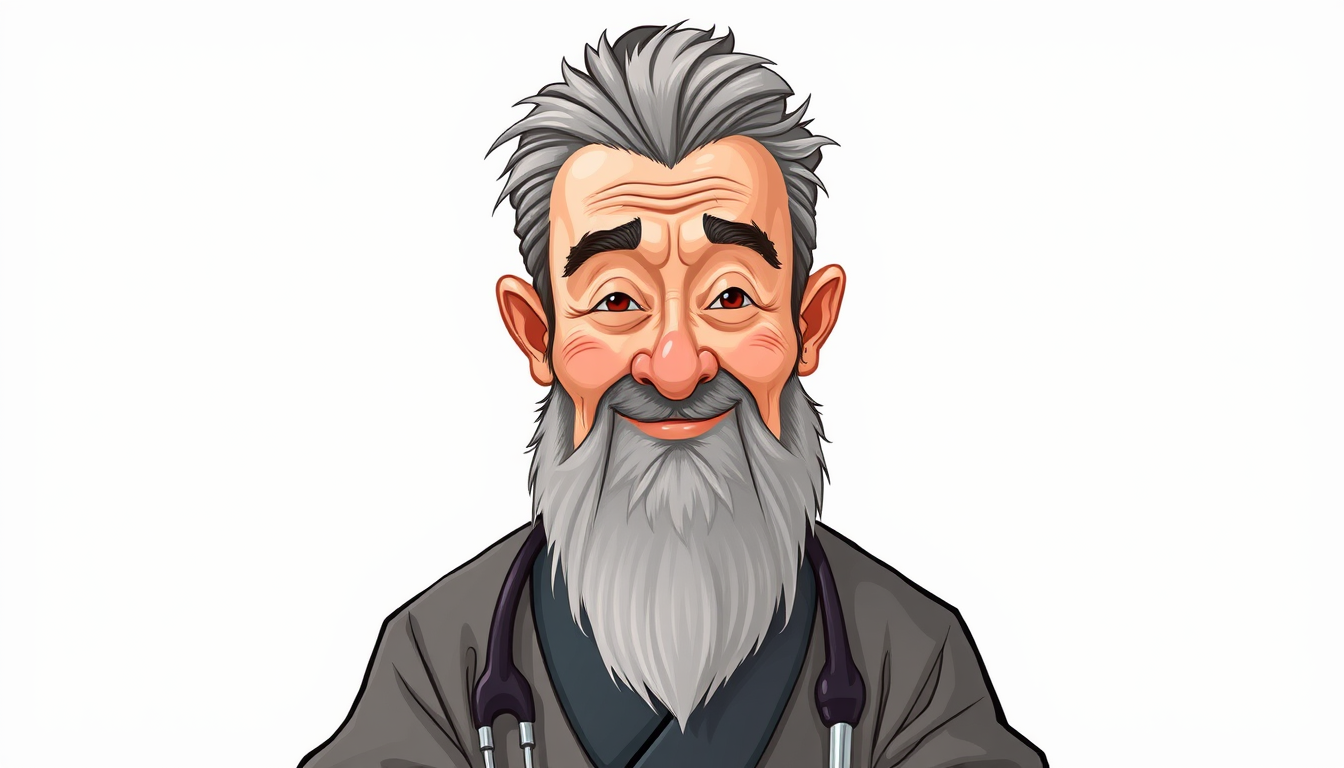 Main art studio: Acupuncturist caricature with grey hair and a goatee