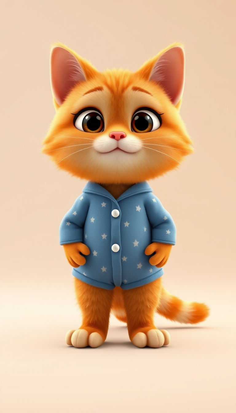Main art studio: A cute chubby orange cat standing like a human, wearing blue pajamas with tiny white stars, big expressive eyes, fluffy detailed fur, short paws, funn
