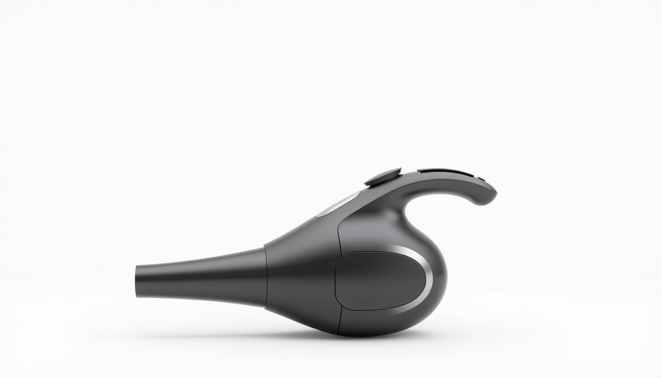Main art studio: Handheld cordless car vacuum cleaner, unique sculptural industrial design. One single long curved handle extends backward from the upper rear body and