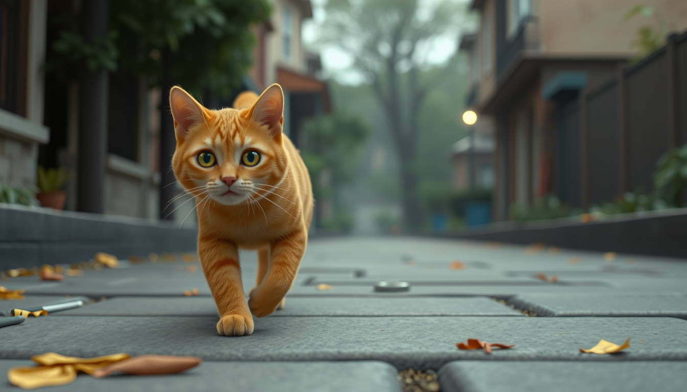 Main art studio: “The orange cat walks forward, the camera slowly follows the cat, cinematic 3D animation.”
