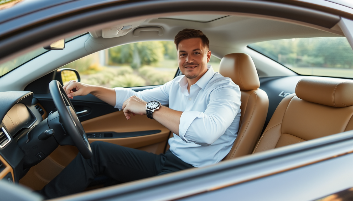 Main art studio: me in a really nice automatic car in a white shirt and black pants with the shirt sleeves rolled up wearing a nice watch
