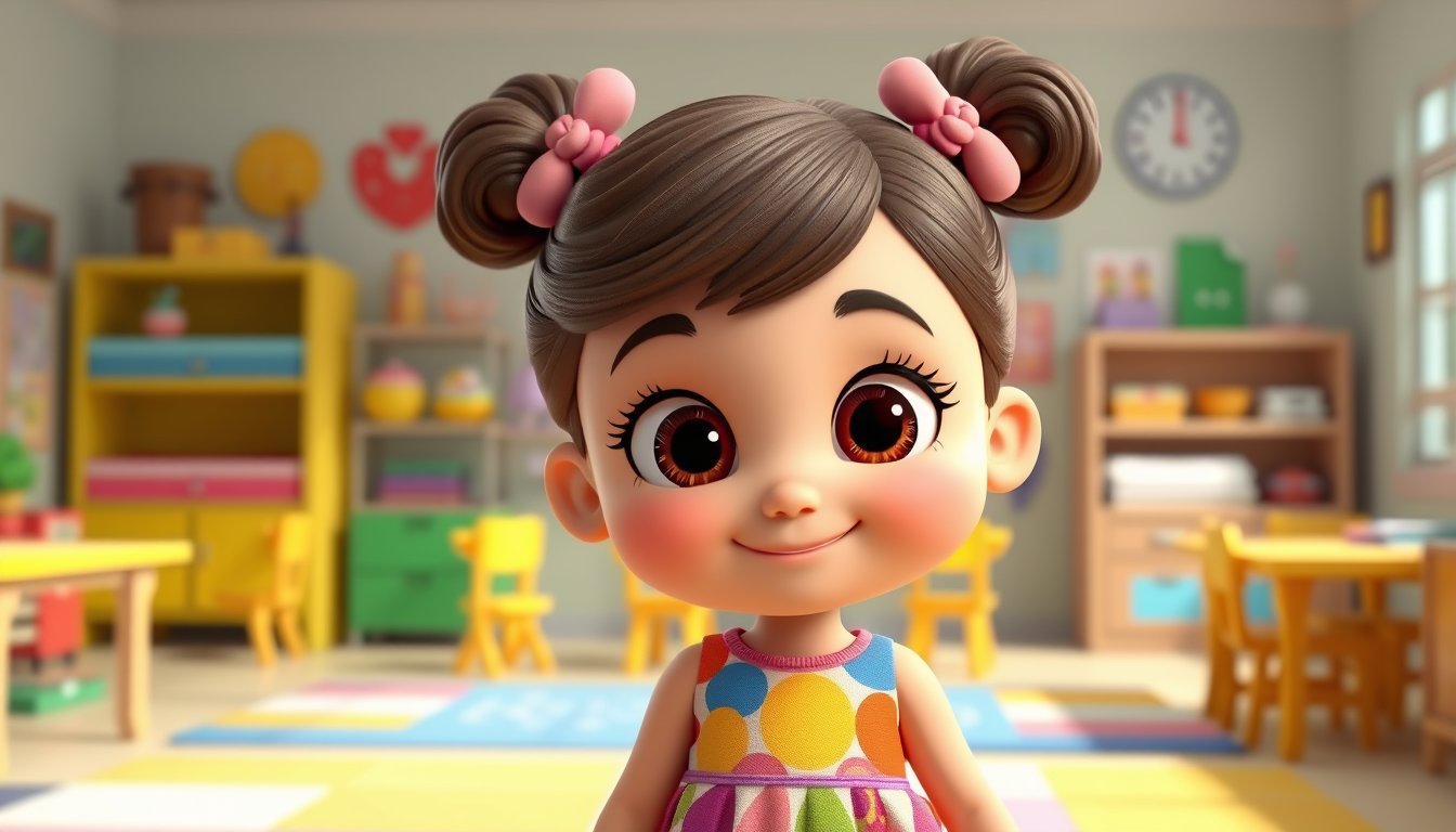 Main art studio: A cute 3D cartoon little girl named Logy, a preschool girl with big beautiful eyes, a sweet smile, wearing a colorful dress, friendly and happy, child