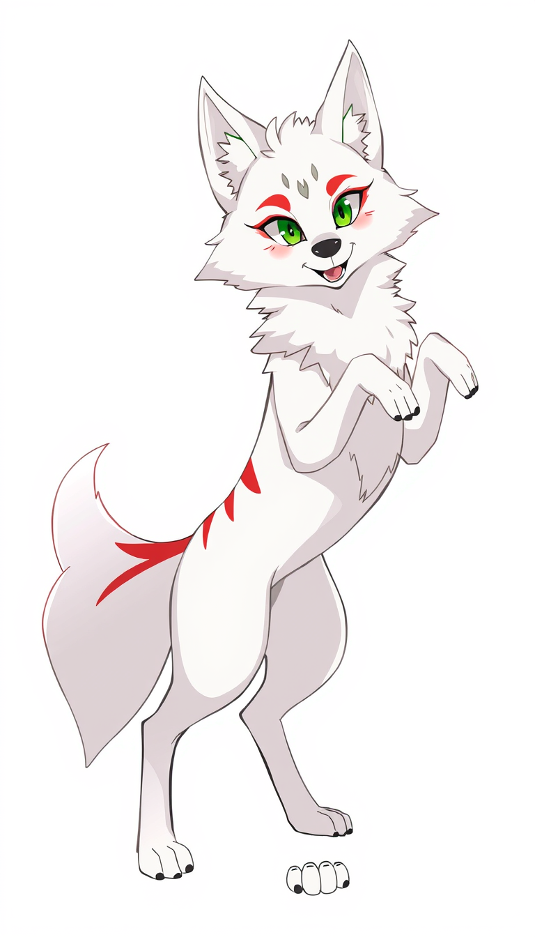 Fursona idea created from the prompt: fursona character, anthropomorphic animal design, expressive personality, reference sheet style, .A white wolf standing on two hind legs, wi