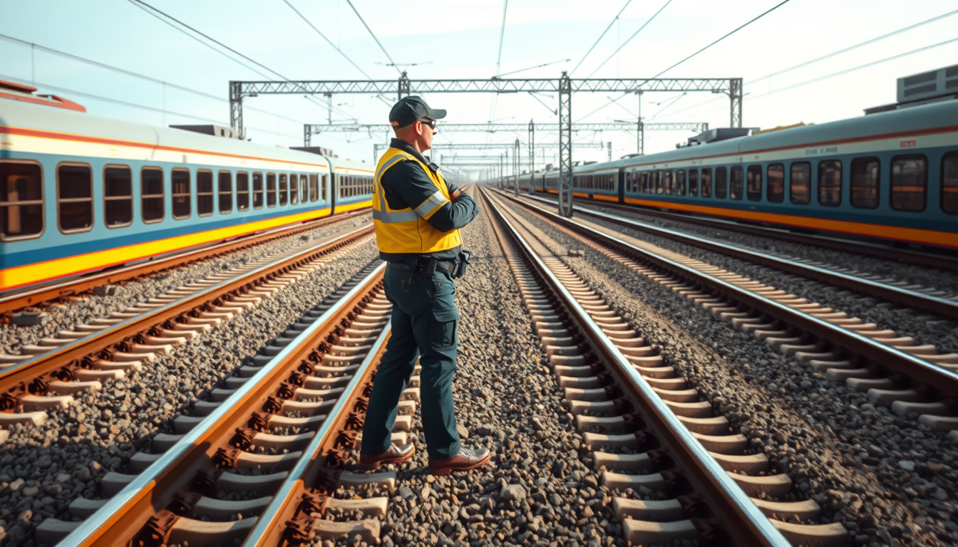 Main art studio: Crea una imagen fotorrealista y de aspecto profesional de un guardia de seguridad realizando una inspección en un patio ferroviario de vías y furgones