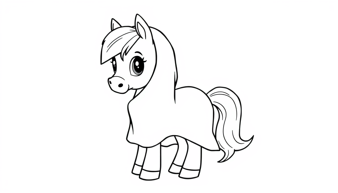 AI Coloring Page idea created from the prompt: black-and-white coloring page, bold clean outlines, large enclosed areas, no shading, Cute small pony wearing a loose ghost-sheet costume. F