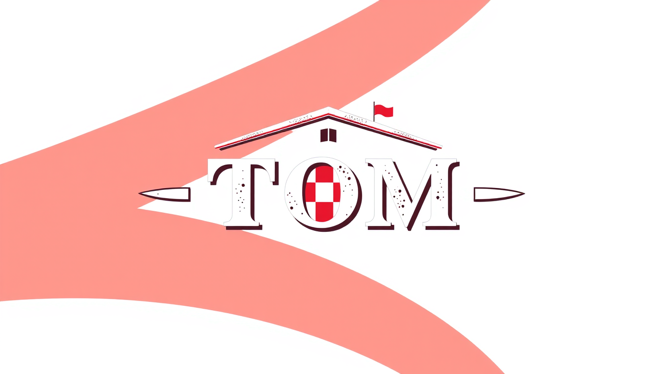 Main art studio: Minimal logo, Polish red and white checkerboard aviation pattern as small accent, roof peak symbol, bold letters TOM, industrial engraving style, one
