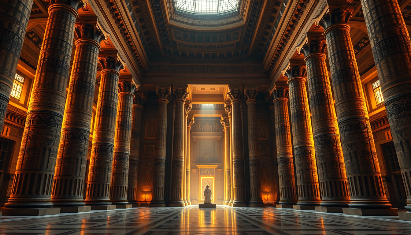 Main art studio: Grand ancient Egyptian royal palace with majestic throne hall, enormous pillars, luxurious architecture, warm golden light, historical documentary pho