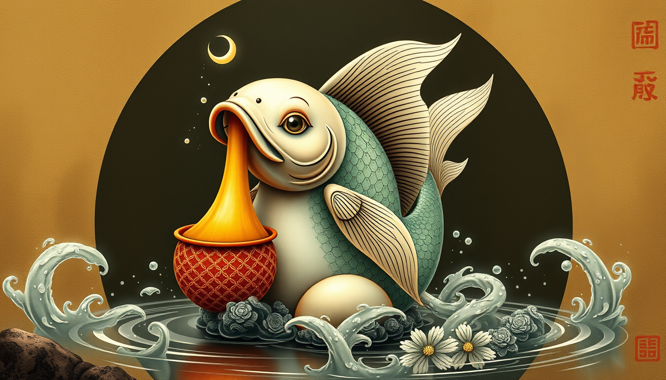 Main art studio: Koi drunyen kun fu master fish with drinking gourd sitting upright not fat