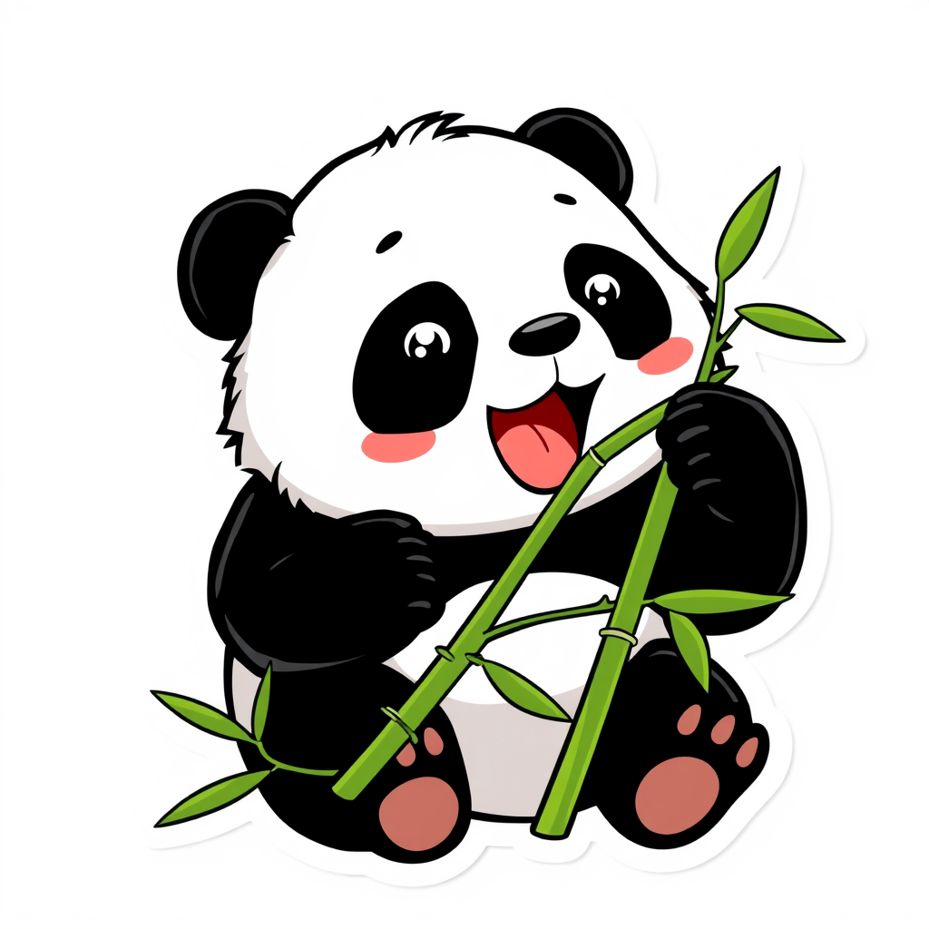 Stickers idea: custom sticker art, bold outline, isolated subject, vibrant color, kawaii or cartoon style, Create a cute chinese Panda eating Bamboo image , die-cut