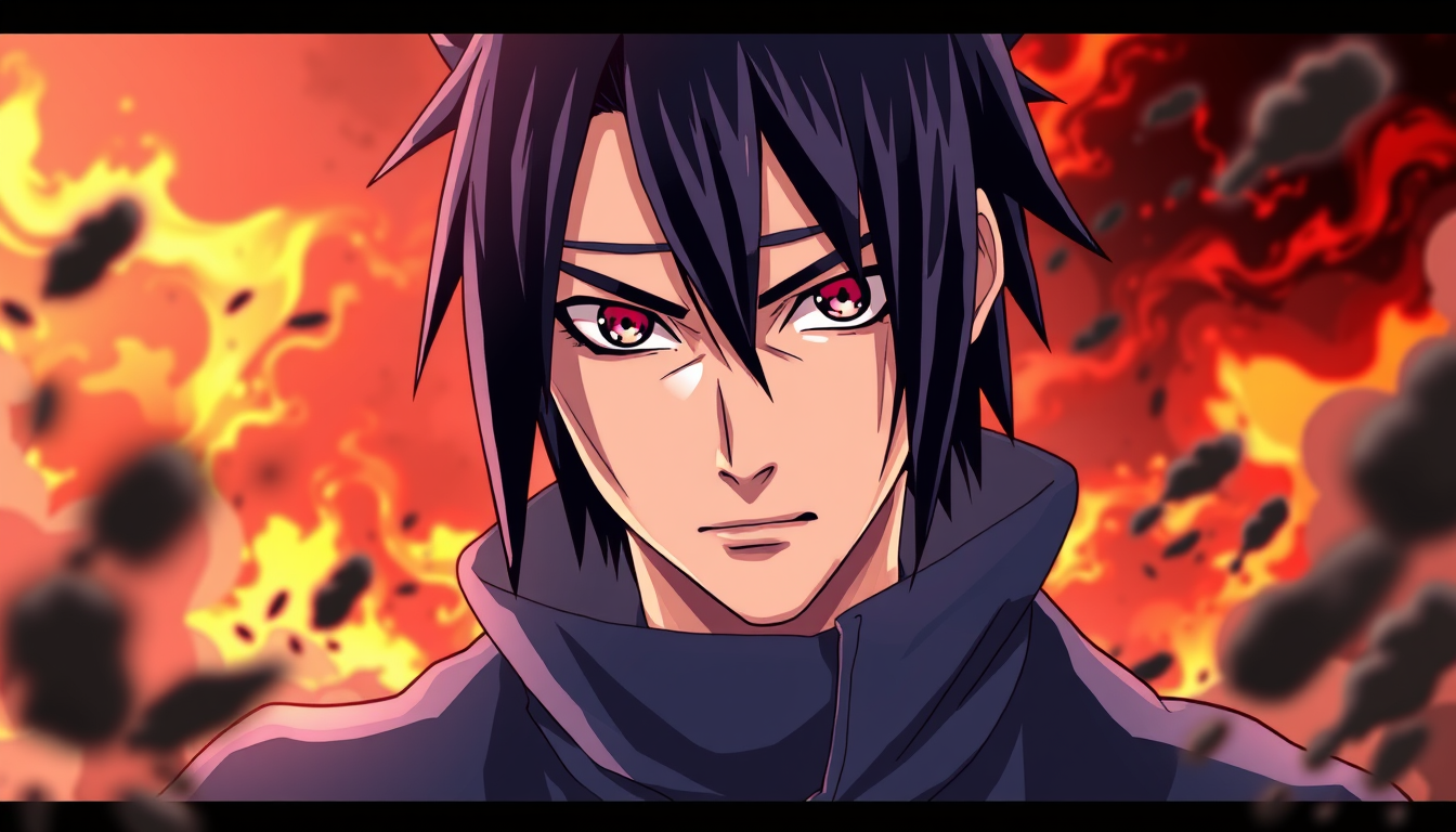 Anime idea: anime style, vibrant colors, expressive eyes, Sasuke Uchiha anime 2d with background angry , detailed anime illustration