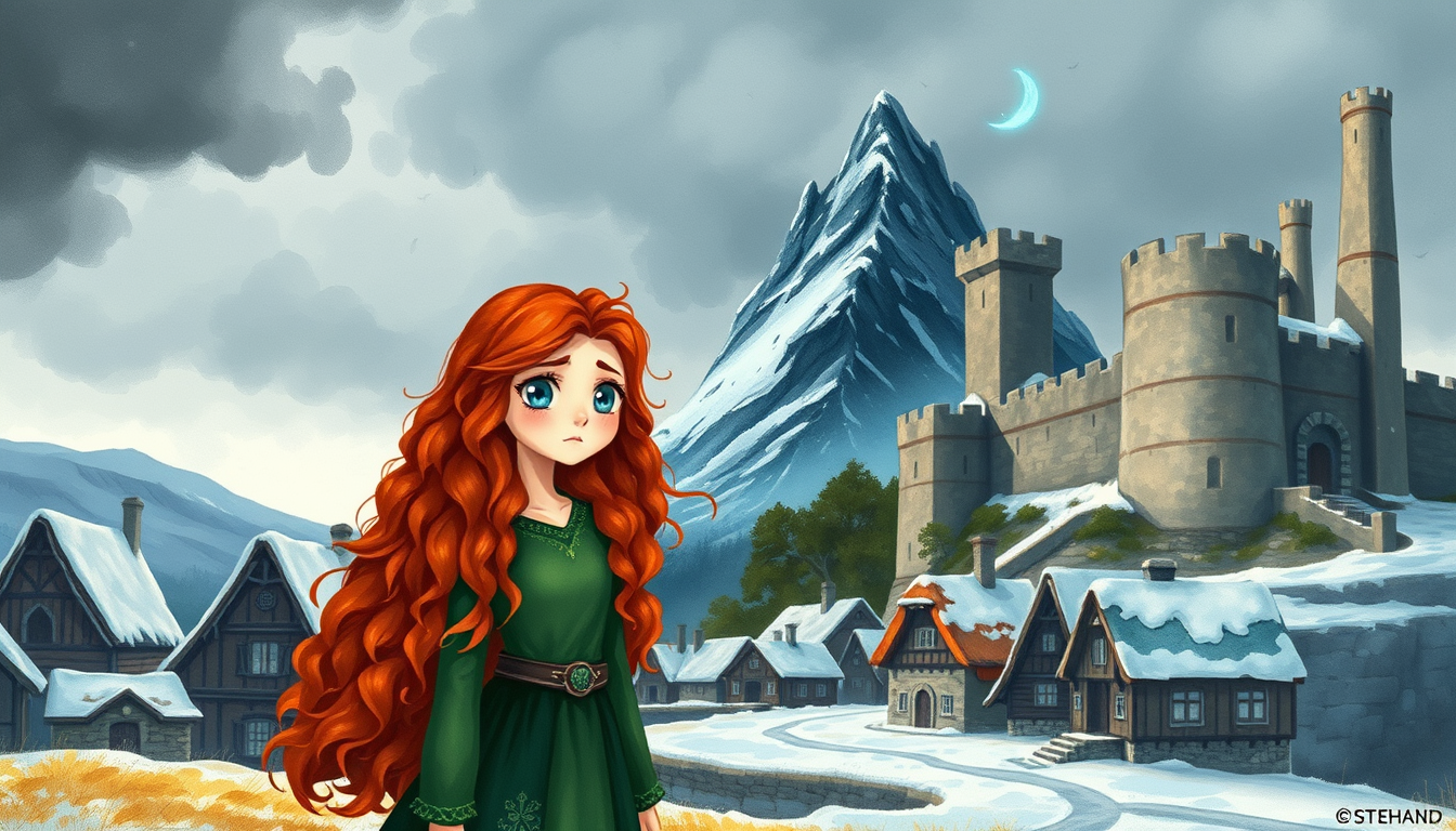 Main art studio: Cold morning in DunBroch. Princess Merida stands outside the castle, looking worried at the dark Magic Mountain. The blue magical light is gone. Dark