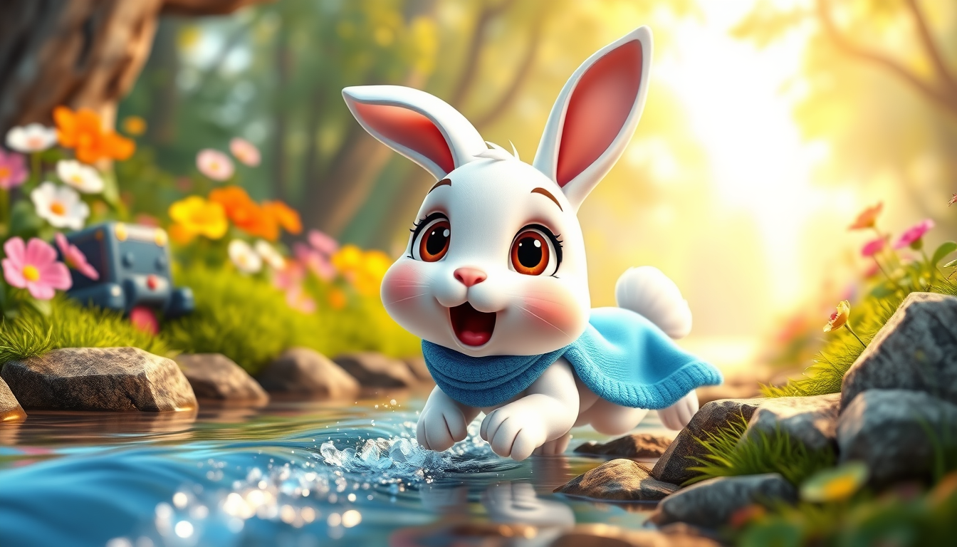 Main art studio: Cute white baby bunny with blue scarf sliding toward a shallow sparkling stream, huge surprised brown eyes, ears flying upward. Colorful magical fores
