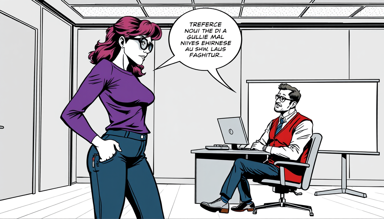 AI Comic idea created from the prompt: comic panel, bold inks, halftone shading, speech-bubble ready composition, • Apparence de la Stagiaire : Cheveux châtains ondulés, haut viol