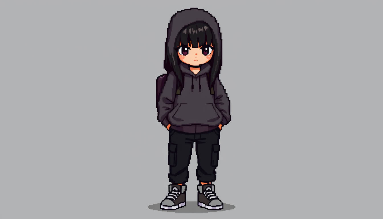 Main art studio: 2D pixel art game sprite of Roma, teenage girl with very long straight black hair and bangs, dark gray oversized hoodie, black cargo pants, light gray