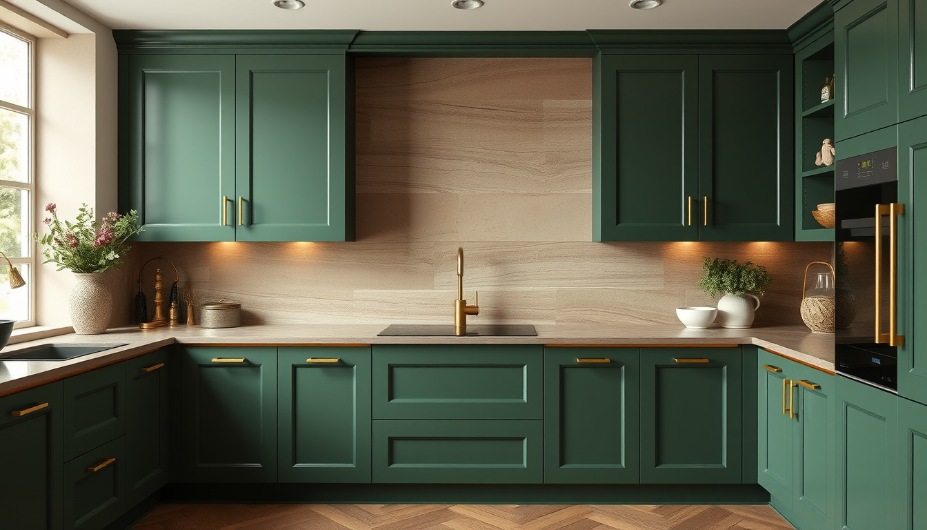 Main art studio: green kitchen with gold trim hardware. the back wall is made from smooth rammed earth that appears striated and has shades of green, brown and gold