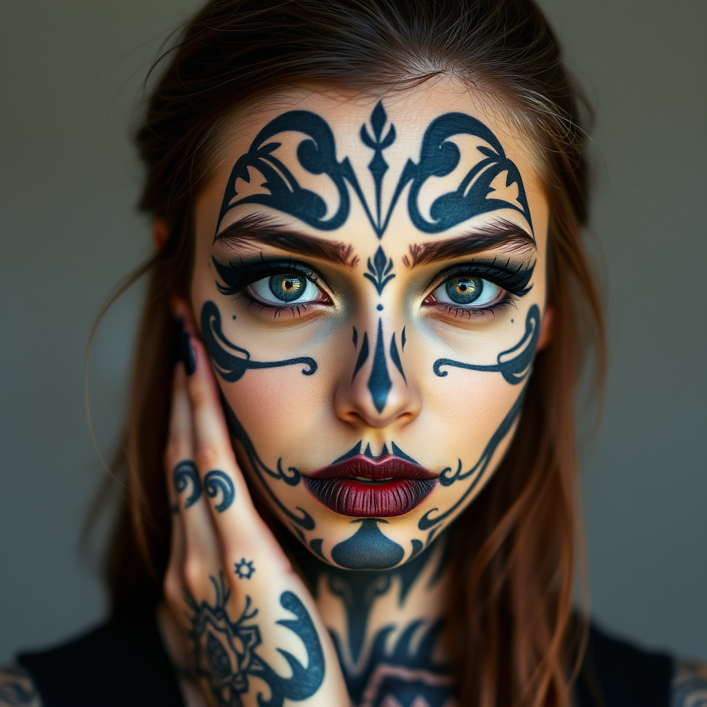 Main art studio: Photo of young woman with entire face blackout tattoo looking at camera
