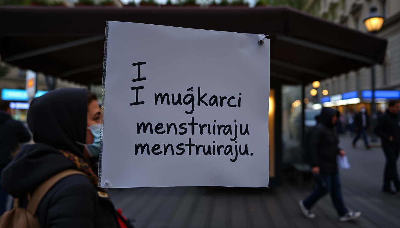 AI Art prompt example created from the prompt: Fotorealistična fotografija mirnog prosvjeda u Zagrebu. U prvom planu osoba drži kartonski transparent s natpisom "I muškarci menstruiraju".